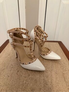 Wild Diva White Pointed Stiletto Heels with Nude Studded Straps